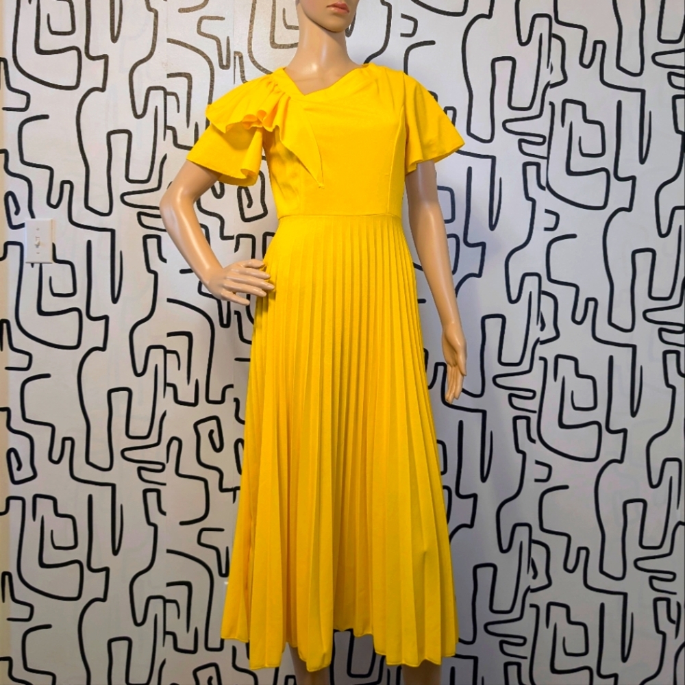 Vintage Yellow Pleated Midi Dress